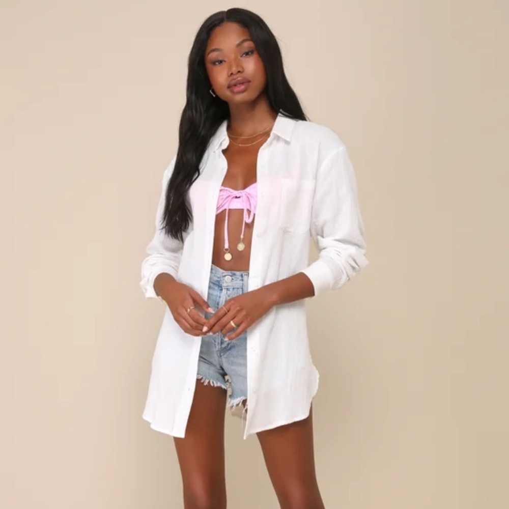Easy To See White Oversized Button-Up Top